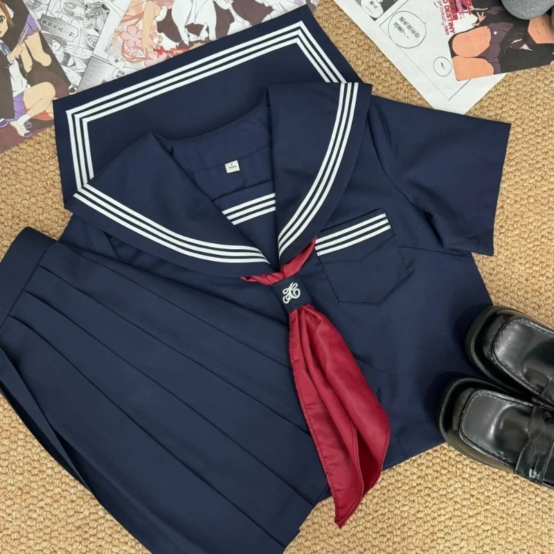 Neue authentische japanische JK-Uniform, Matrosenanzug, dunkelblau, drei Streifen, klassischer Basic-Stil, Schulmädchen-Kostüm-Set