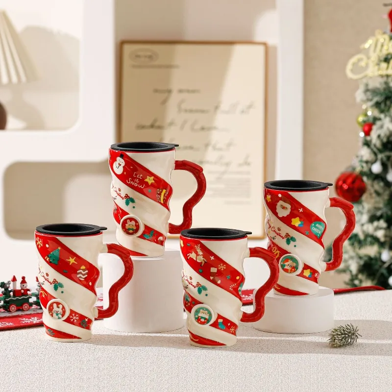 

2025 New Christmas ceramic cup threaded reindeer large capacity creative mug with lid gift box cup cross-border Christmas gift