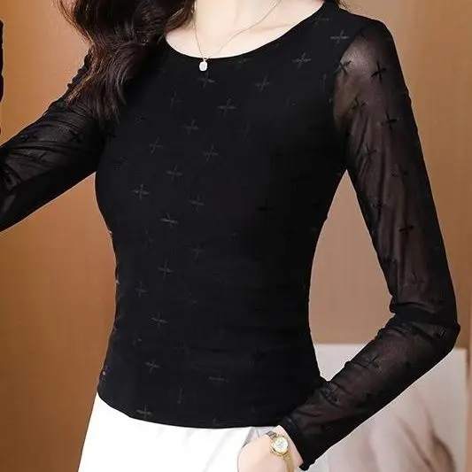 

Mesh Embroidery Versatile Slimming Top Lace Round Neck Comfortable Belly-covering Long-sleeved Bottoming Shirt Plus Size