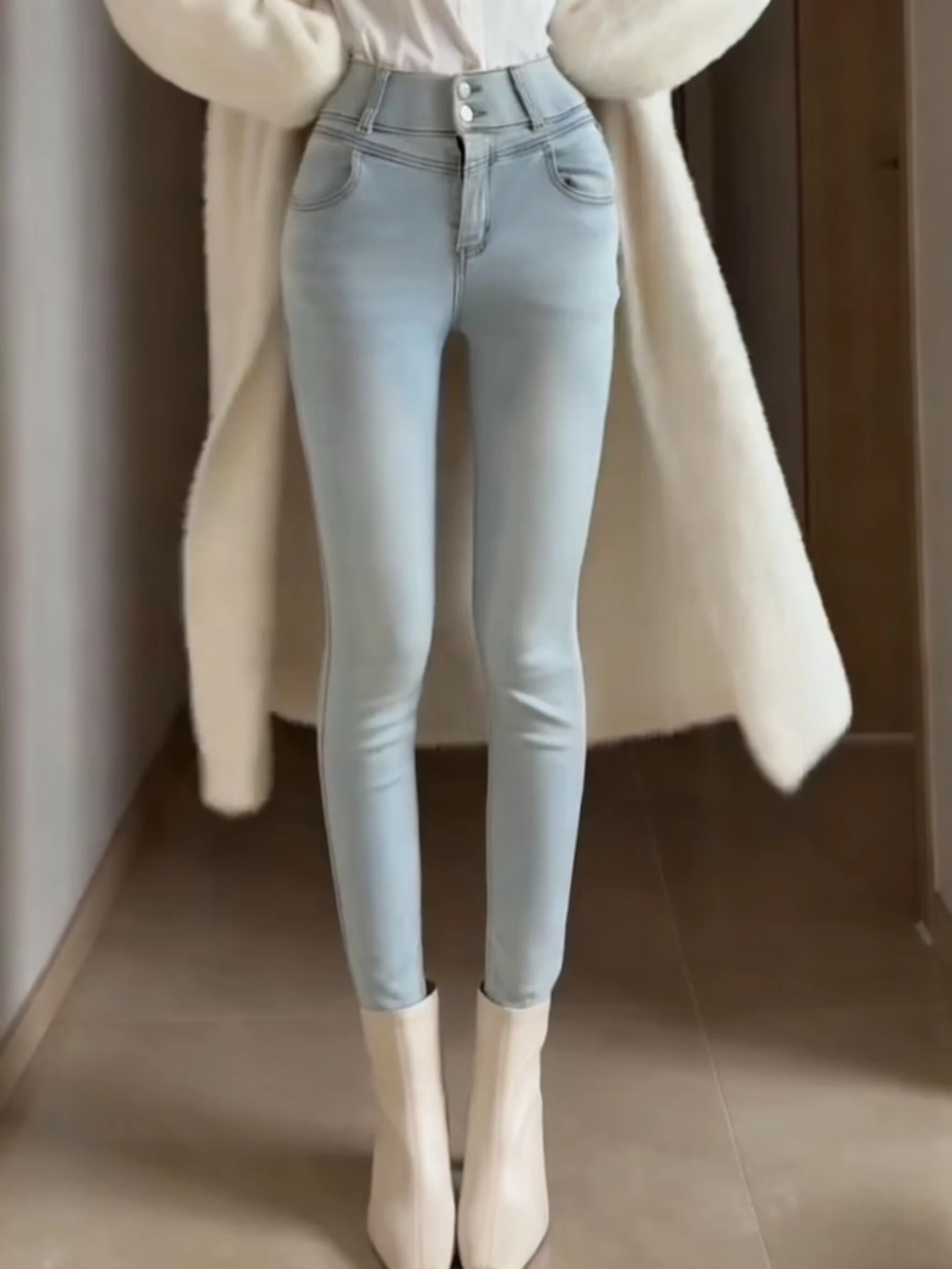 

High Waist Slim Fit Denim Jeans with Lace Knot Ba ket Fre Light Blue Pure Desire Sle Women's Faion