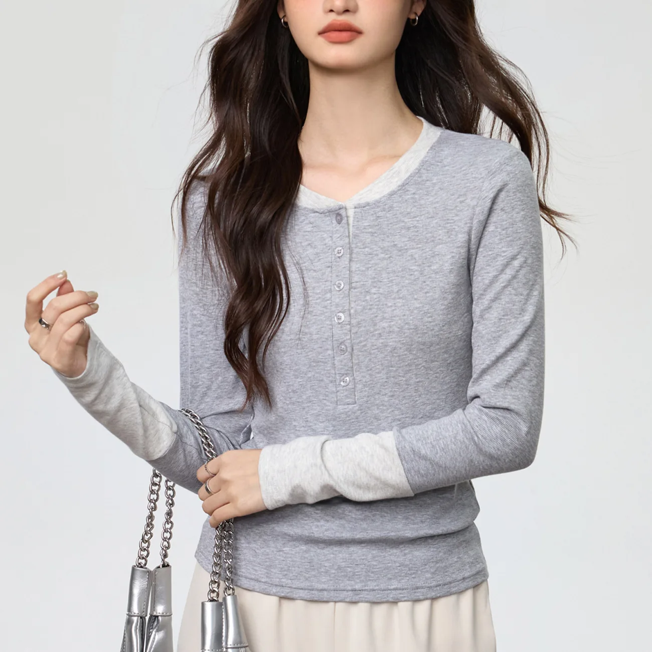 Women Color Block Henley Long Sleeve T Shirt Button Front Slim Fit Casual Layering Top Female Tee