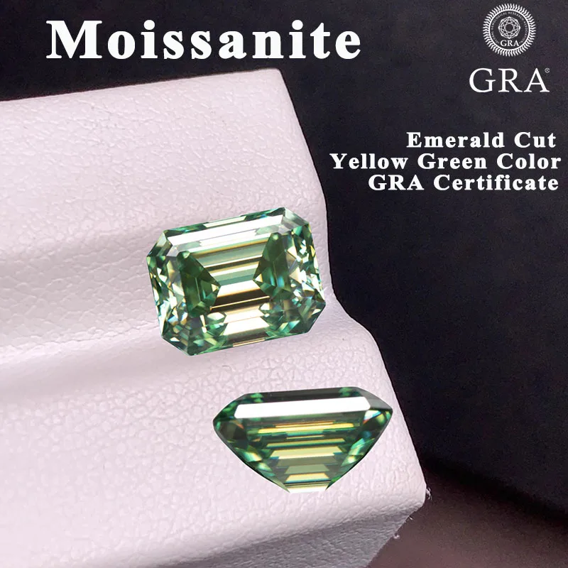 

Moissanite Emerald Cut Primary Color Yellow Green Gemstone DIY Charms Ring Necklace Earrings Main Materials with Certificate