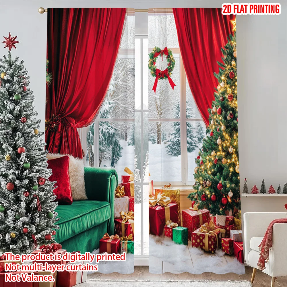 

2pcs 2D flat printing Merry Christmas Curtains Winter snow and festivals Versatile Polyester Fabric Without Electricity Birthday