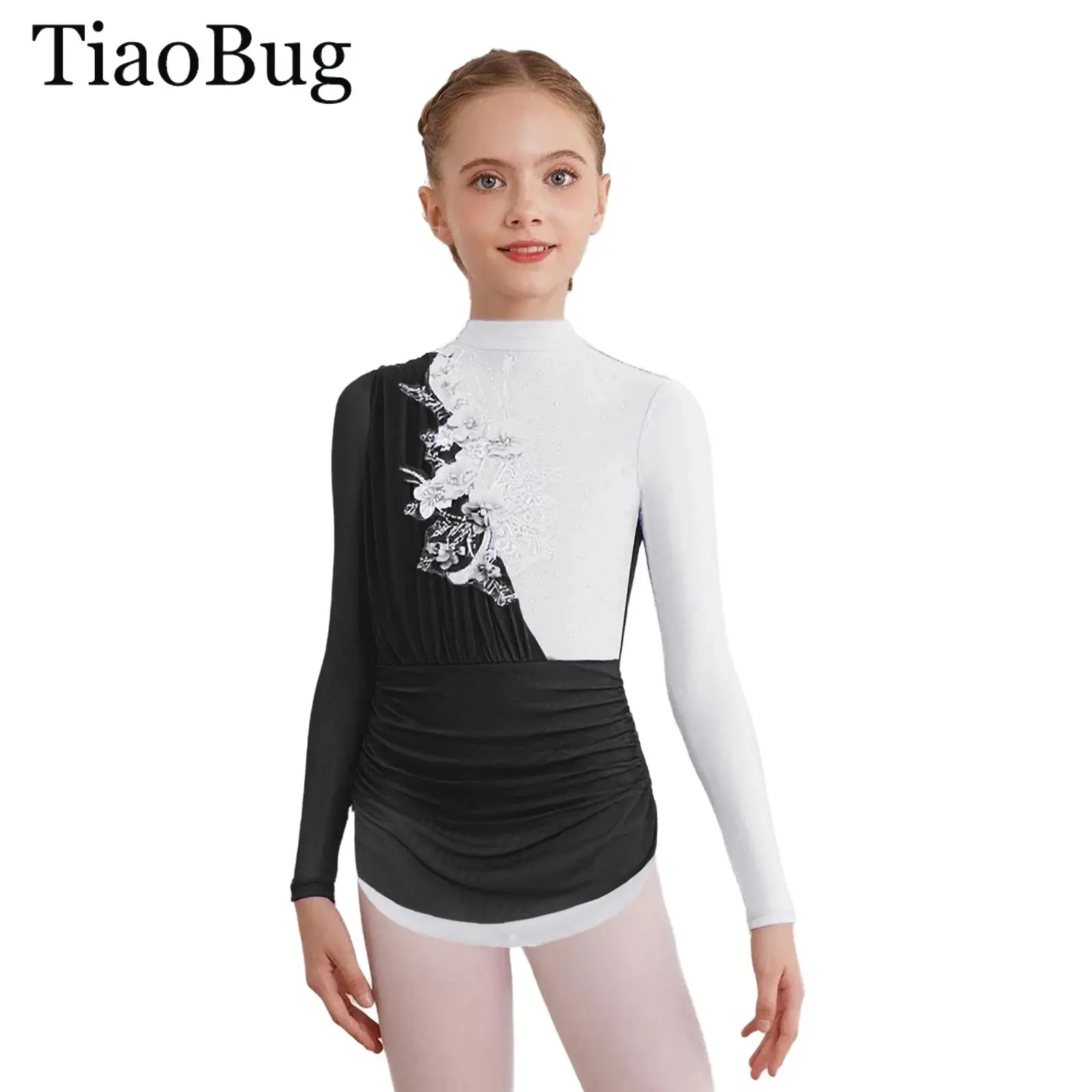 

Girls Ballet Lyrical Dance Dress Gymnastics Leotard Figure Skating Dress Sheer Mesh Long Sleeves Rhinestone Modern Dance Costume