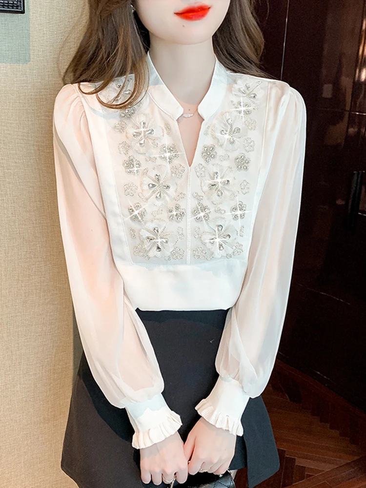 QOERLIN High Quality Beading White Shirts Elegant Women 2023 New Bubble Sleeve Tops Blouse Mesh Shirts Korean Fashion Outfits