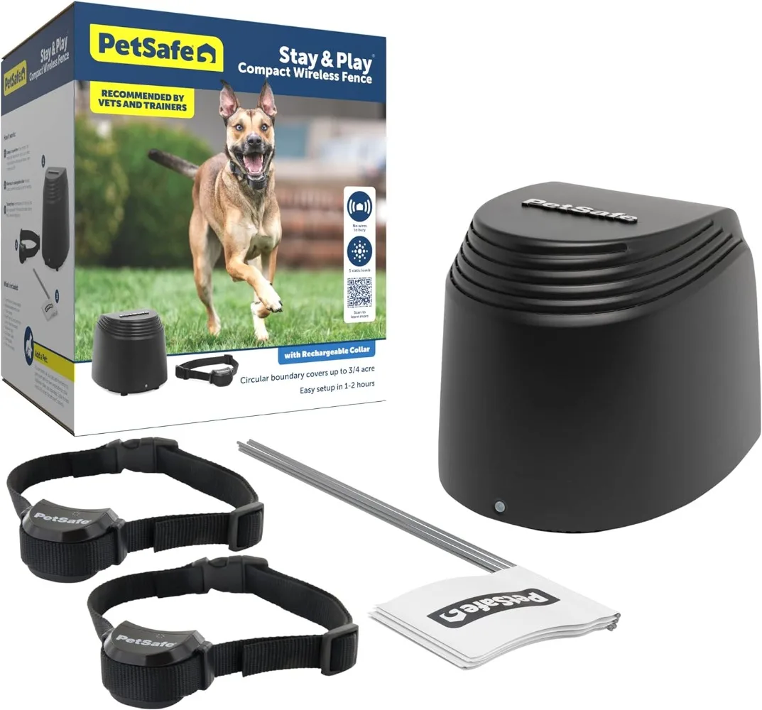 Stay Play Compact Wireless Pet Fence No Wire Circular Boundary Secure up to 3/4 Acre No-Dig Portable Fencing America's Safest