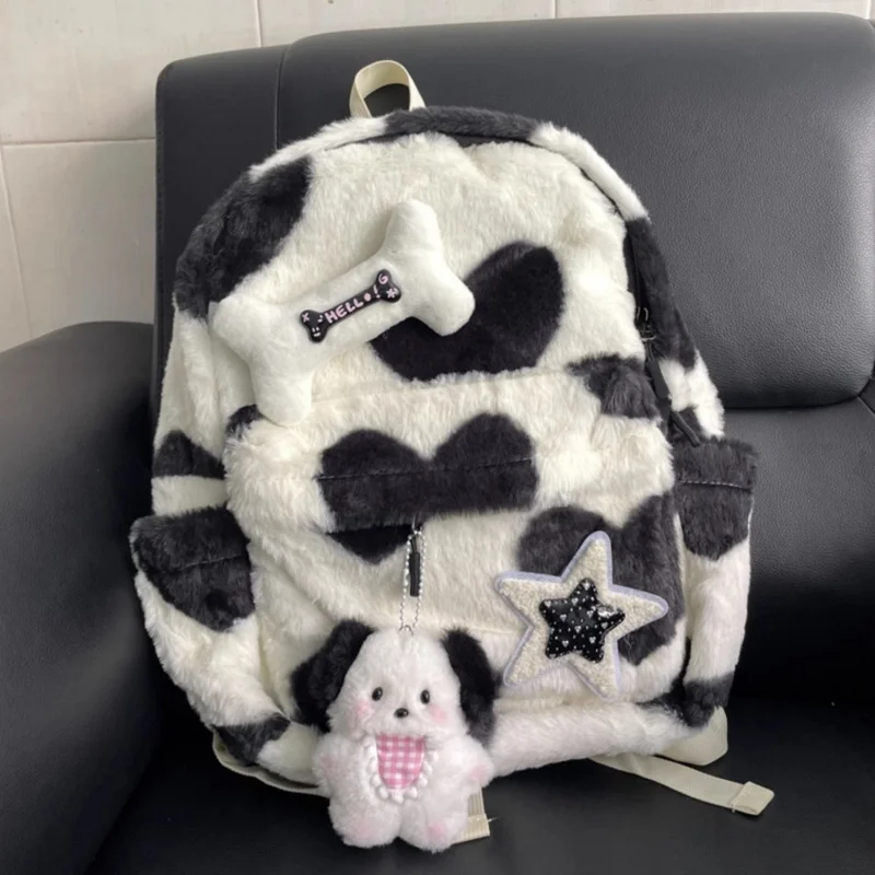 

Women Cow Star Bone Dog Sweet Winter Preppy Style Fluffy Backpack Plush School Bags College Student Cute Dog Backpacks New