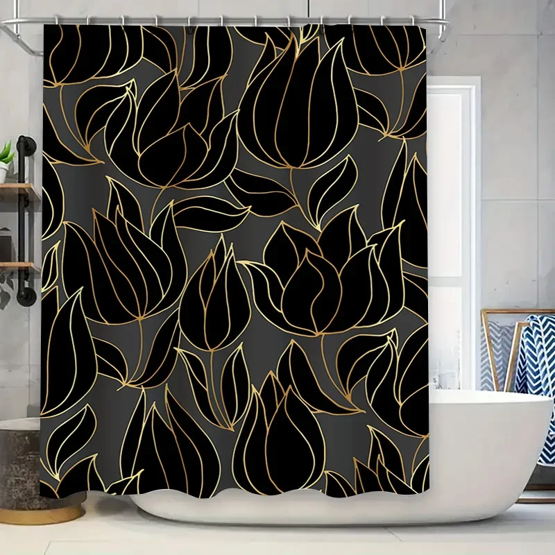 

Роскошная занавеска для душа с цветочным принтом черного золота для декора ванной комнаты, современная водонепроницаемая ткань, доступны различные размеры
