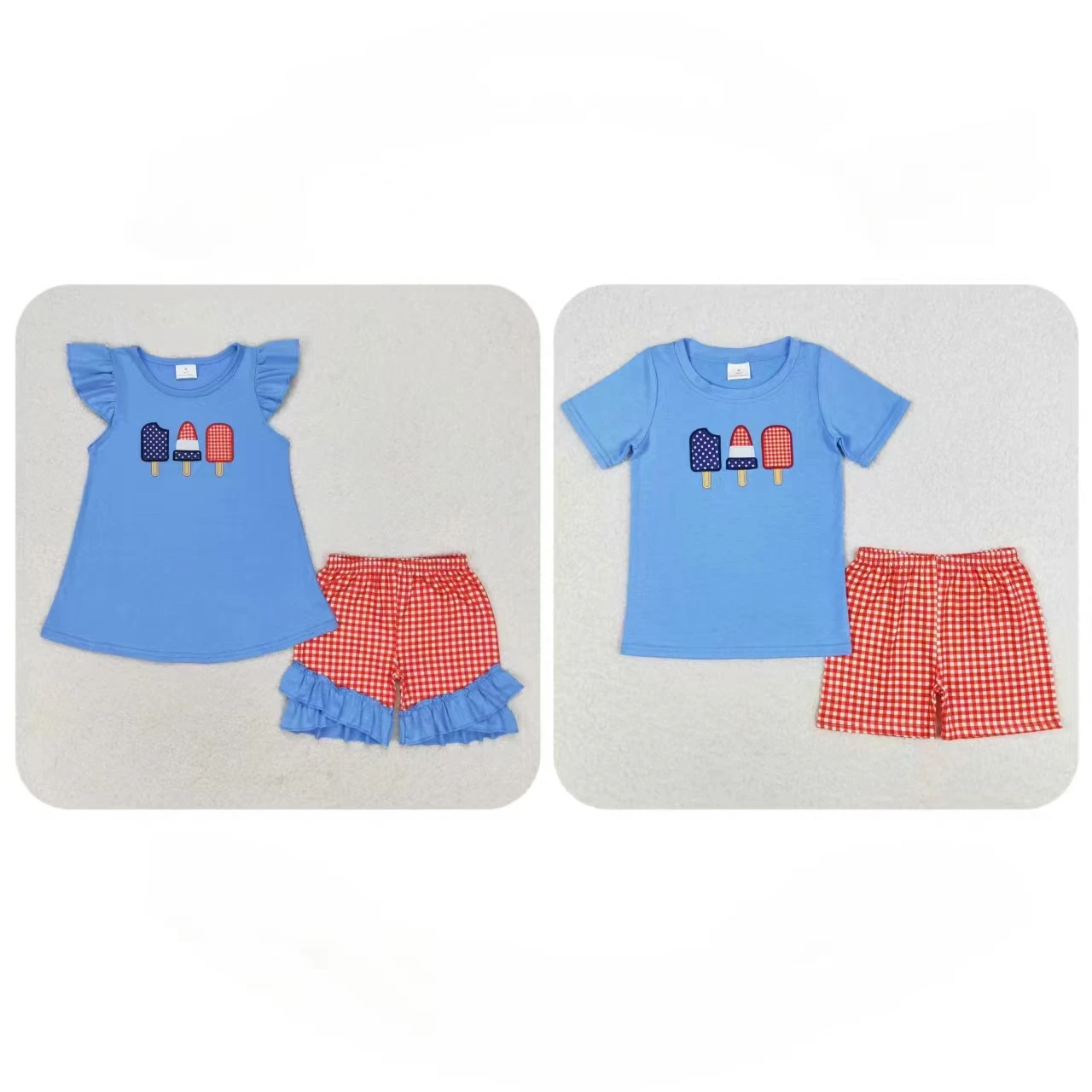 

Wholesale Baby Boy Girl July 4th Outfit Toddler Short Sleeves Embroidery Popsicles Blue Tops Kids Set Children Red Plaid Shorts