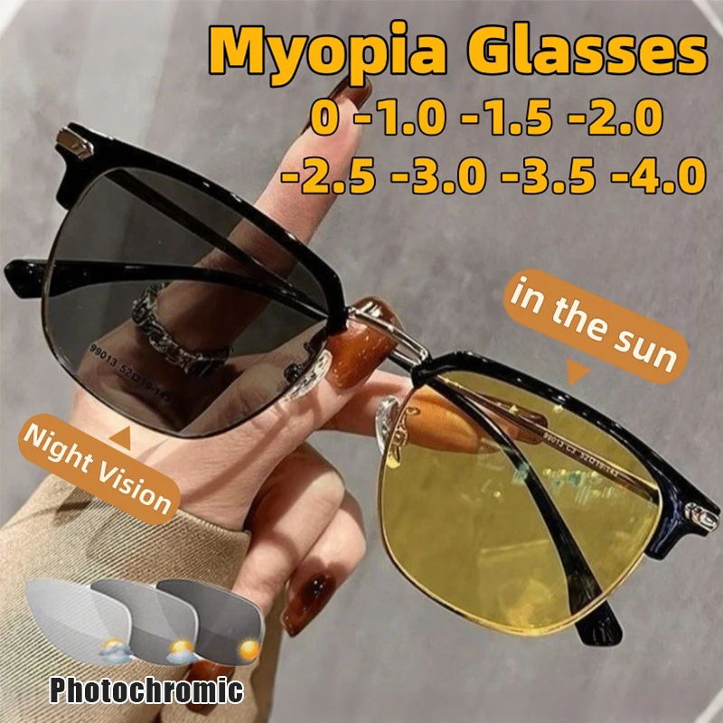 

Day-Night Dual-Use Semi-Rimless Photochromic Myopia Glasses Driving-Specific UV Protection Anti-Glare Night Vision Eyewear