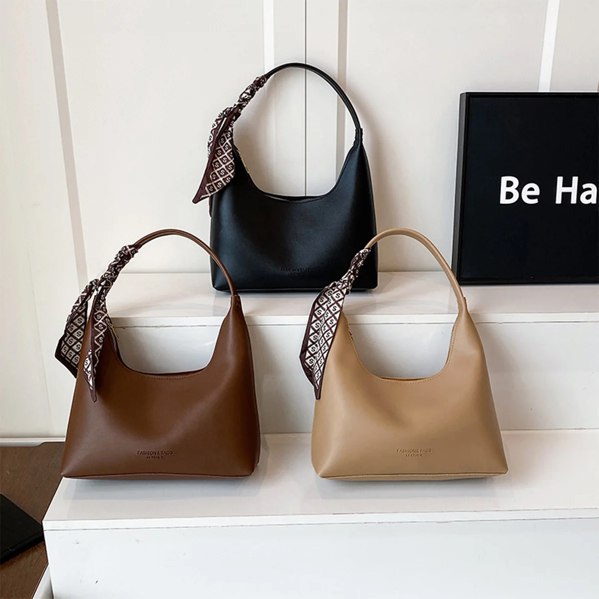 Ladies Retro Handbag Letter Logo Accent Detachable Scarf Light Carry Durable Zipper Spacious Handbag for Daily Commute Outings