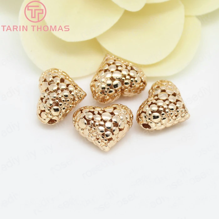 (2818)4PCS 12.5x14MM 24K Gold Color Plated Brass Heart Spacer Beads Bracelet Beads High Quality Jewelry Accessories