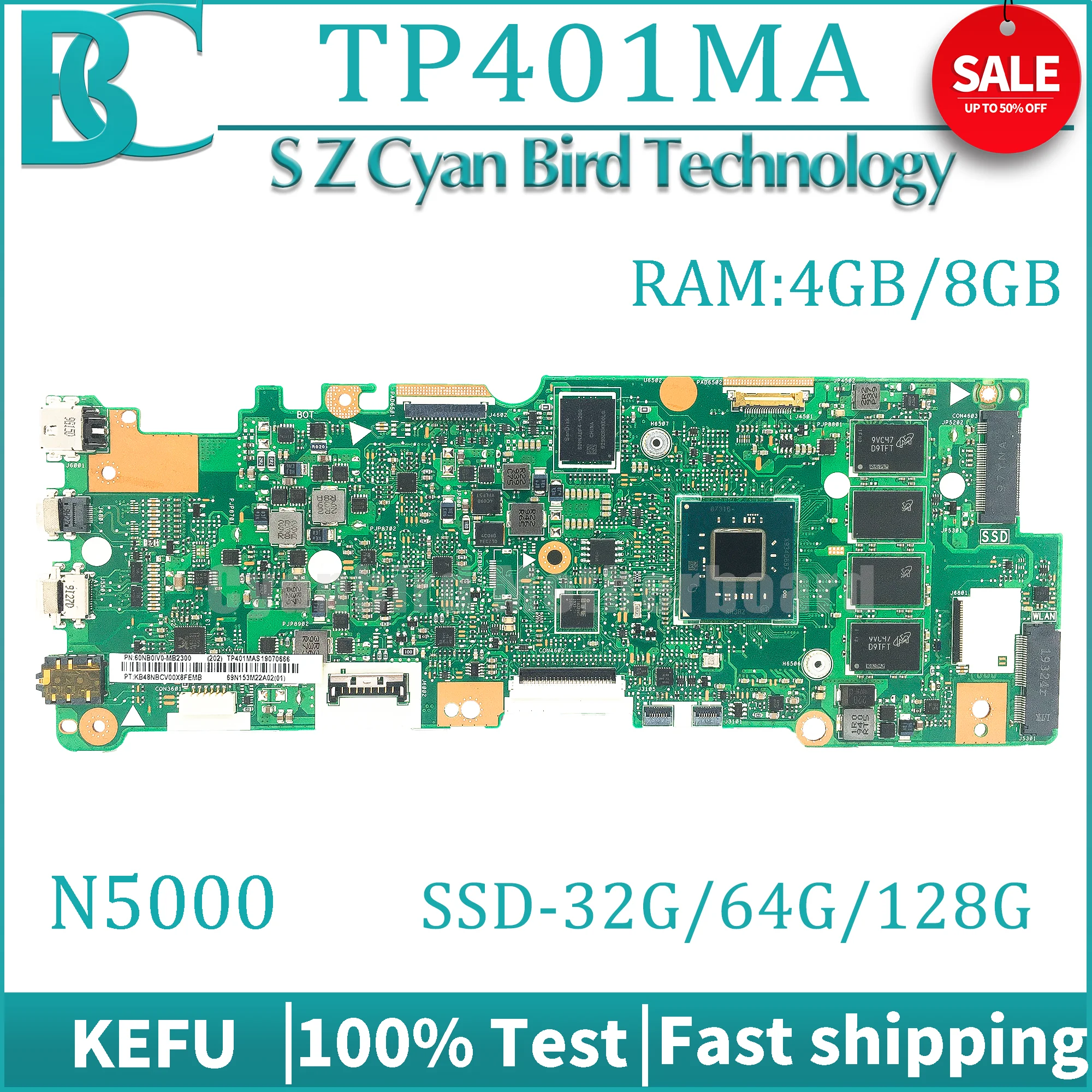 KEFU Motherboard TP401MA TP401MAR TP401MARB TP401M J401MA R406MA Laptop Mainboard N5000 SSD-32G/64G/128G RAM-4GB