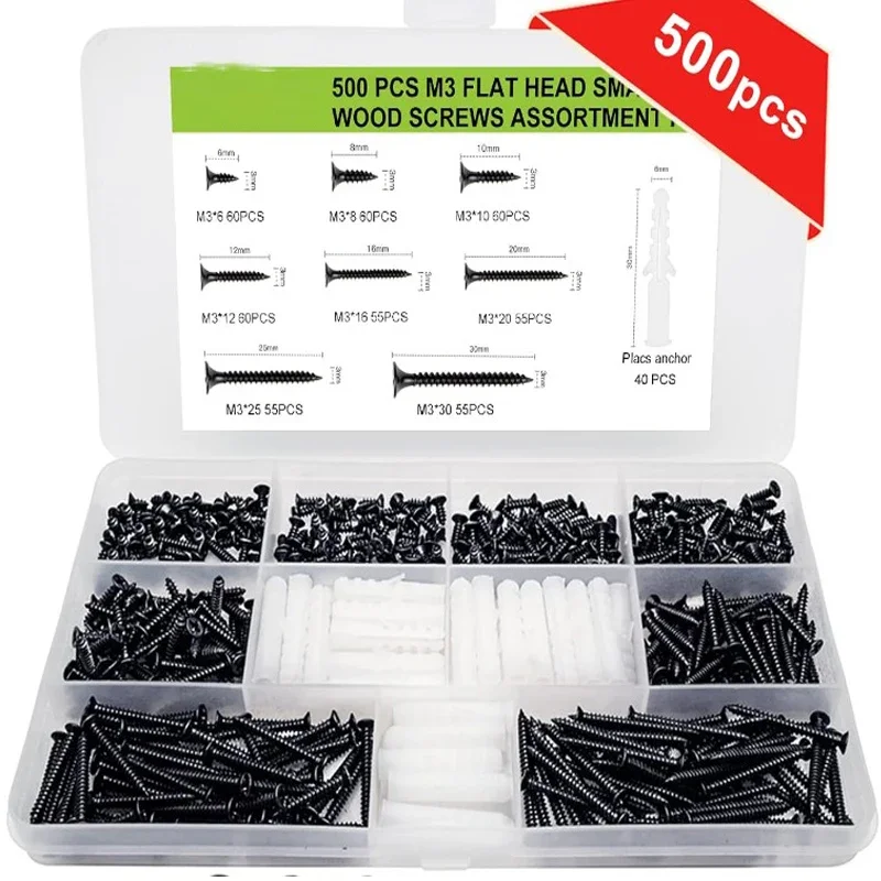 500Pcs M3 Flat Head Small Wood Screws Assortment Countersunk Head Self Tapping Screws and 40pcs M6 Expansion Screws Anchorss