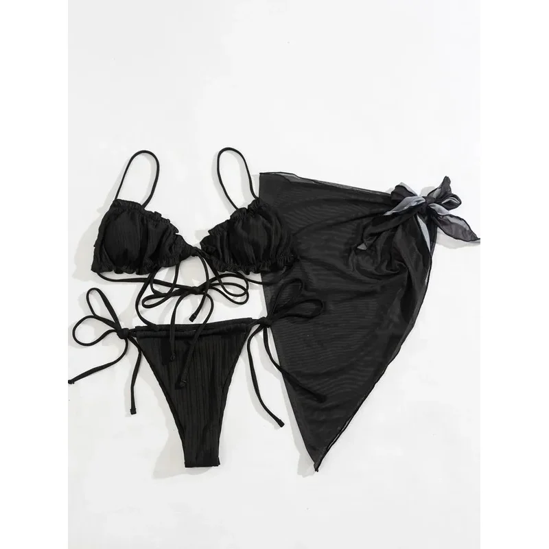 여성용 플레인 양상추 트림 타이 프론트 비키니, 프릴 비키니, 시스루 메쉬 커버 업, 레이스업 팬티, 3 팩 수영복