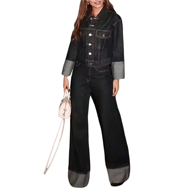 CYL-dames vintage denim set reversjas met lange mouwen en hoge taille jeans met wijde pijpen, tweedelige outfit