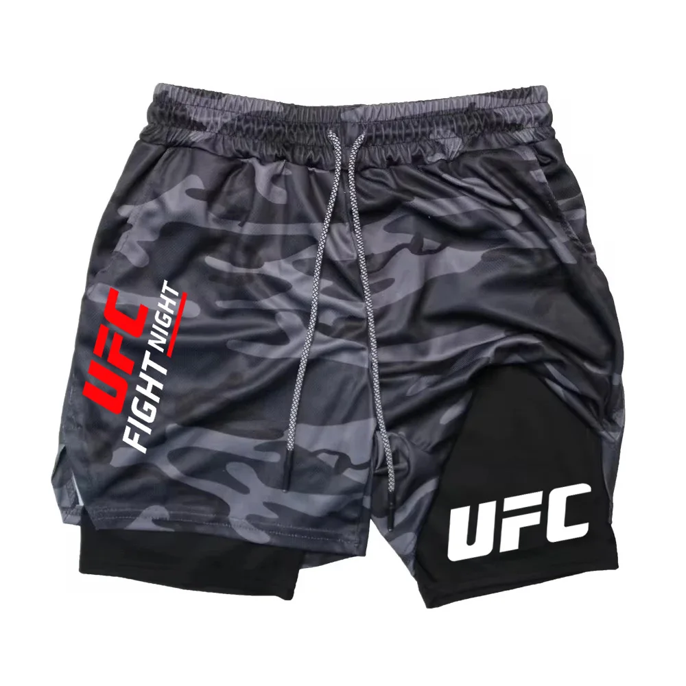 

UFC Men's Double Layer Fitness Shorts Men Fitness Gym Training 2 in 1 Sports Shorts Quick Dry Workout Jogging Double Deck Summer