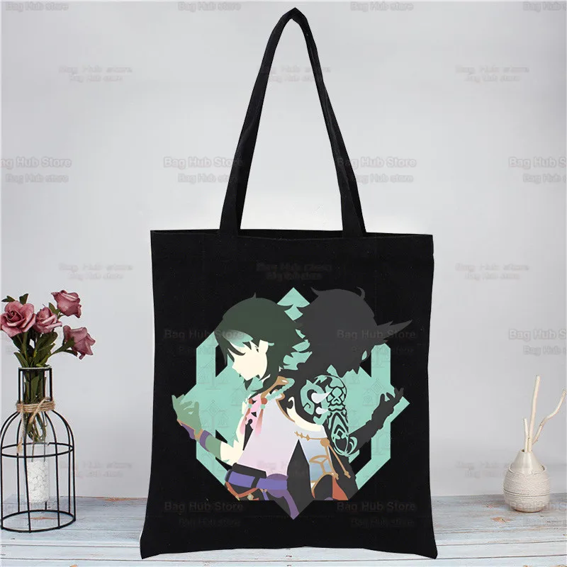 Sacola de lona de impacto Genshin para mulheres, bolsas Xiao Anime Game, bolsa de compras preta, eco, sacola de compras, bolsa de viagem