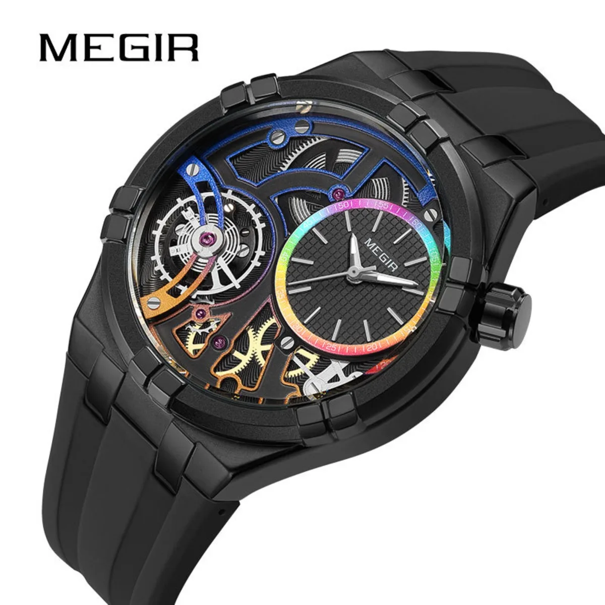 MEGIR Orange Sport Analog Watch for Men Fashion Waterproof Quartz Wristwatch with Luminous Hands Silicone Strap MN8111