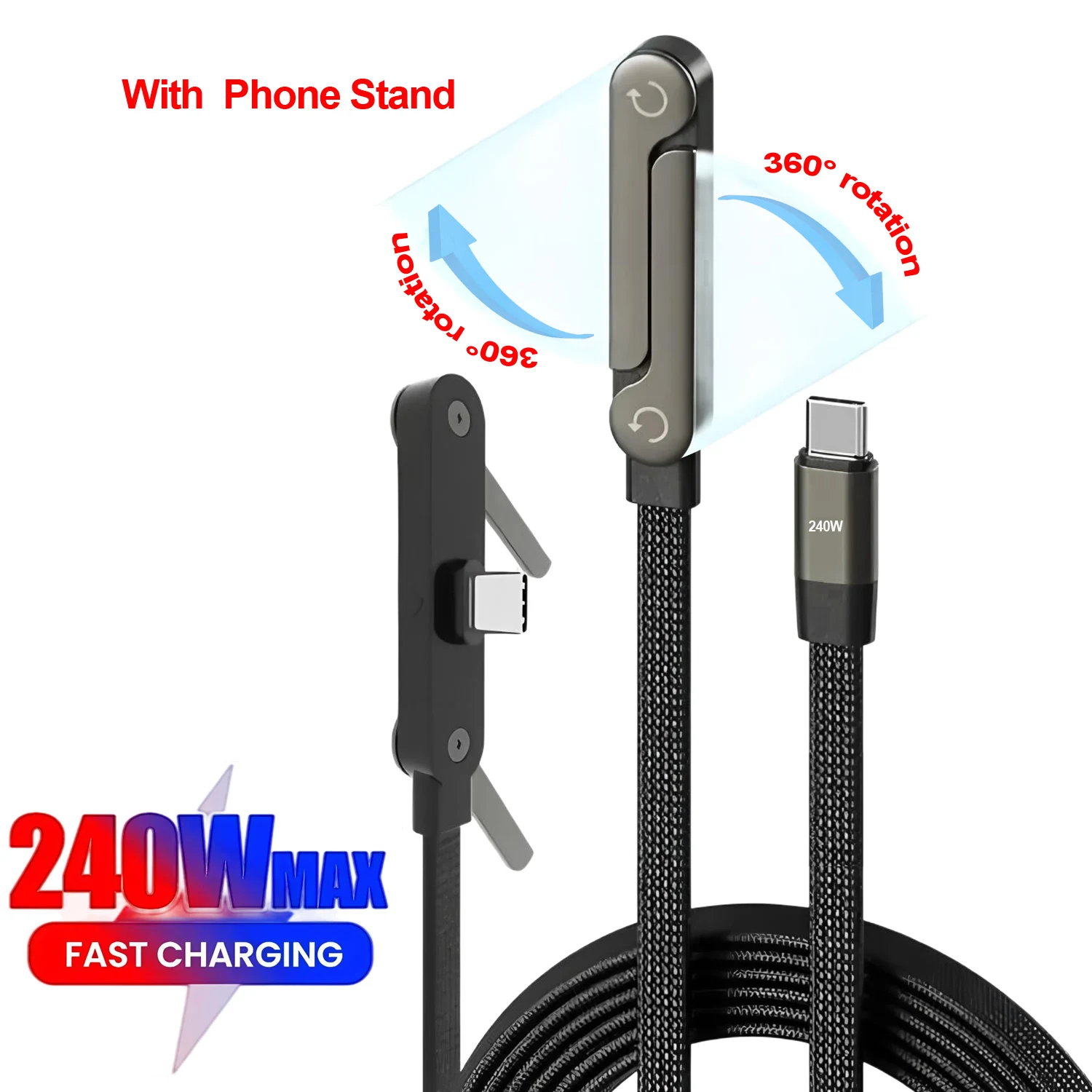 

2-in-1 Holder Charger Cable – 240W Fast Charging Cord with Built-In Phone Stand 1.5m Type C to USB-C Cable PD Cable Phone Holder