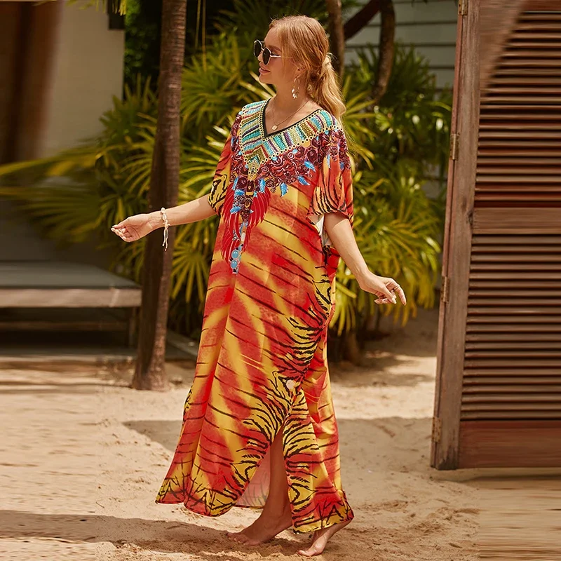 فستان شاطئ مثير للنساء ، قلادة على شكل حرف v ، سترة ، سارونج ، قفطان رداء ، طباعة ملونة ، غطاء بيكيني ، كبير الحجم ، طويل ، صيفي