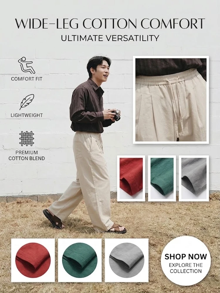 Neue Herren-Freizeithose aus Baumwolle mit weitem Bein, lockerer Passform, Kordelzug und elastischem Bund, atmungsaktive Baggy-Hose in Unifarbe, Streetwear – Detail 1