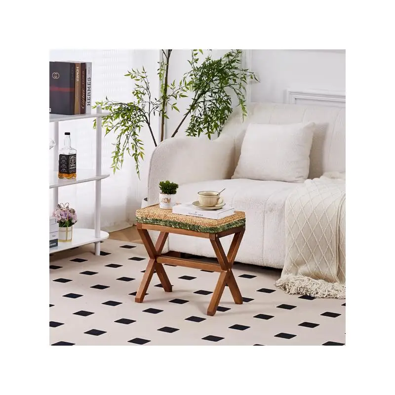 천연 해초 발받침 푸프 오토만 X자형 나무 다리 - 거실, 파티오, 발코니용 직사각형 수공예 발받침 -