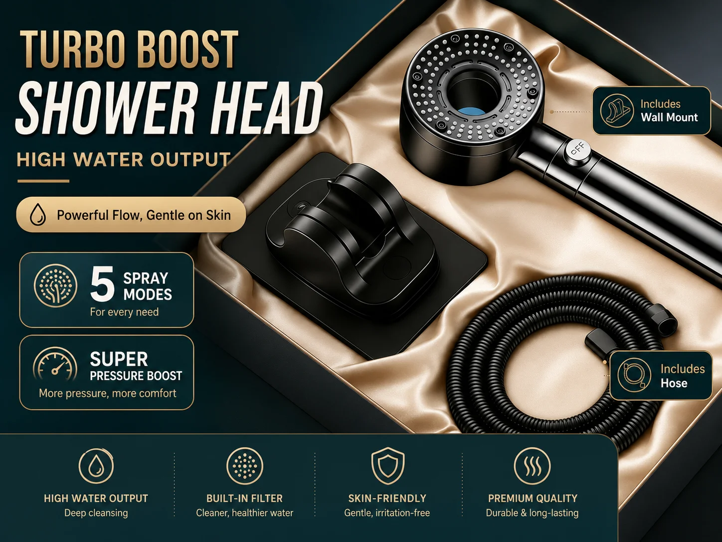Turbo Fan High Pressure Shower Head With Filter Handheld Water Saving Showerhead One Key Stop Spray For Bathroom