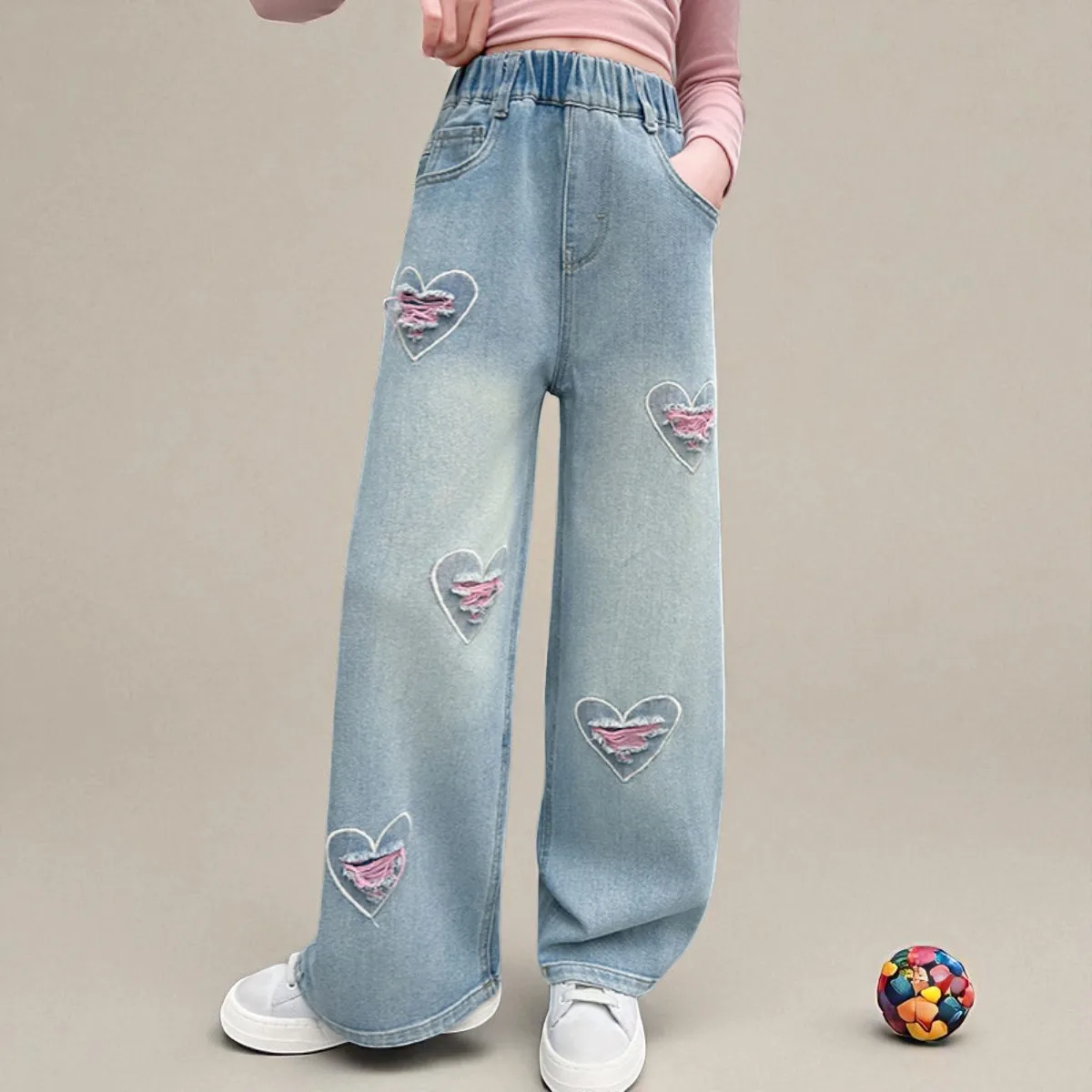 

Наряды «Снова в школу», джинсы для девочек, широкие брюки с вышивкой бабочки, брюки для девочек, уличная одежда, детская одежда для детей 5, 8, 10, 12 лет