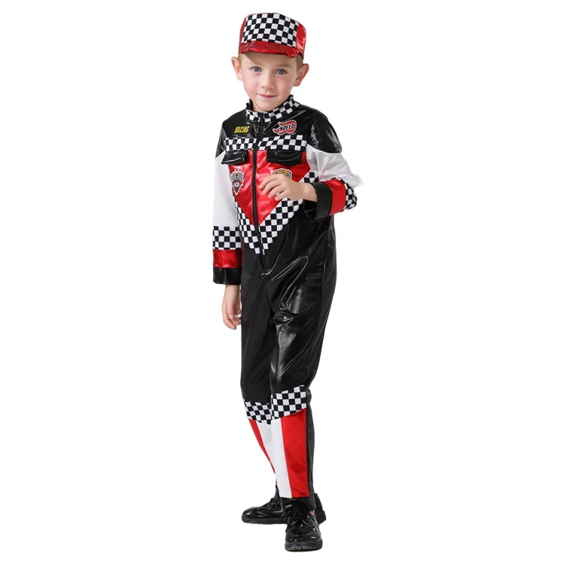 Race Car Driver Costume High Quality Boys Racer Jumpsuit With Car Cap Kids Dress Up for Halloween Birthday Outfit Gift 2024 NEW