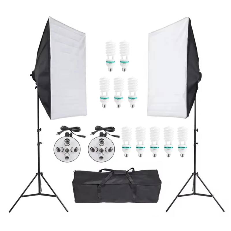 60x90cm Softbox E27 Socket 5-in-1 Lamp Holder with 2m Stand 50W Bulb Light Photography Studio Kit for Live Streaming