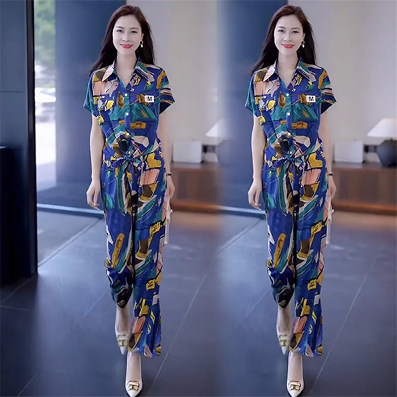 女性用シルクシフォンパンツセット,襟を折りたたんだファッショナブルな服,シングルブレスト,オーバーサイズ,新しい夏のコレクション2024