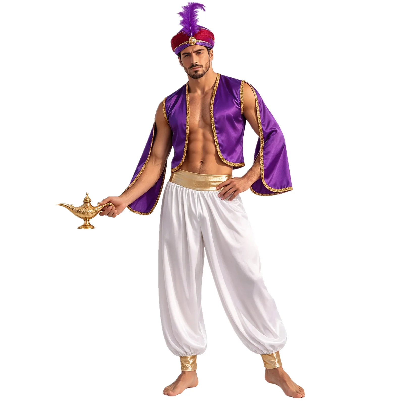 Men Satin Arabian Prince Outfit Open Front Vest with Harem Pants Halloween Theme Party Magical Lamp Dress Up Performance Costume