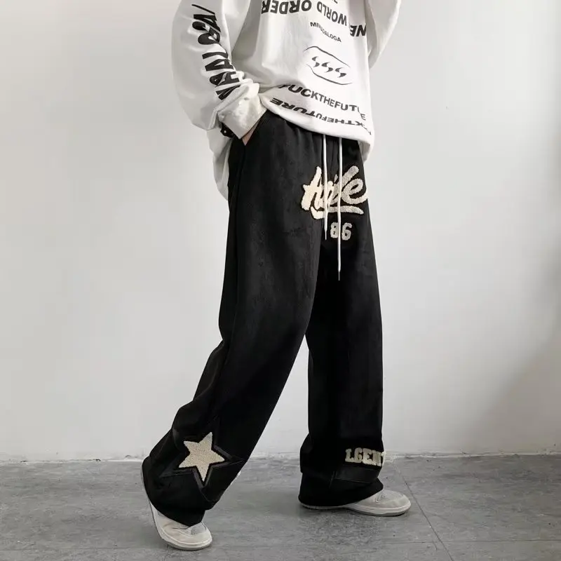 

Summer Cool New Casual Pants Men Retro Fashion Straight Charm Pants Men Streetwear Drawstring Letter Hip-hop Trend Loose Trend