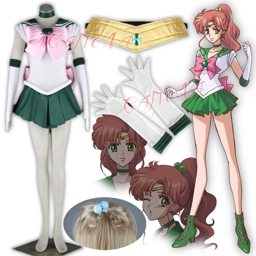 

Wholesale Sexy Sailor Gilrs Dress Kino Makoto Sailor Jupiter Cosplay Costume Women Halloween Mini Dress Gloves Bow Necklace Set