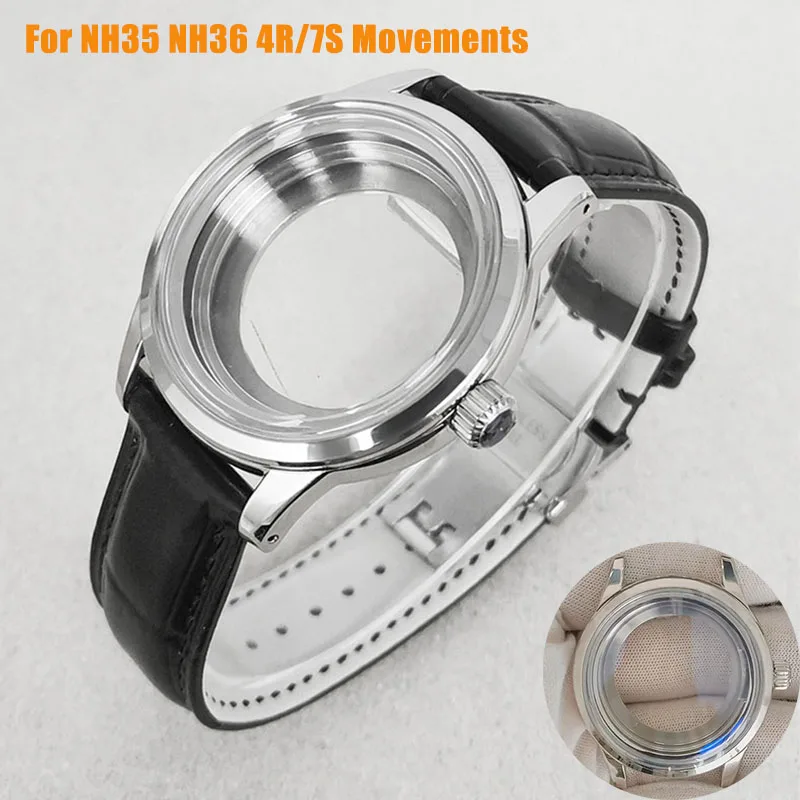39MM Transparent Watch Case for NH35/NH36/4R/7S Movement Butterfly Double Buckle Leather Strap Modification Watch Accessories