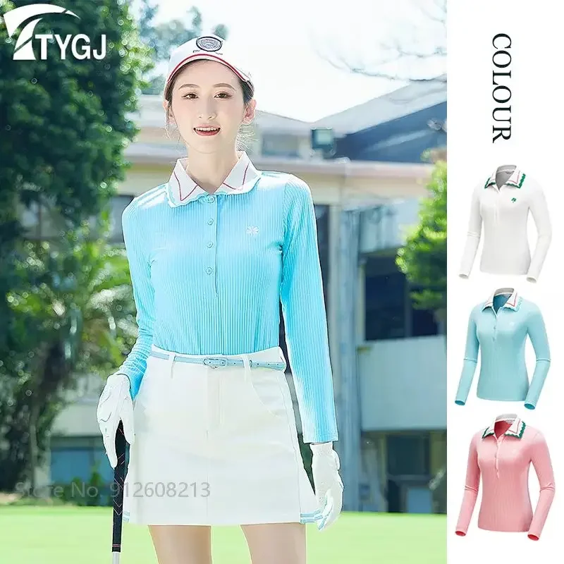 TTYGJ Women Long-sleeve Knitted Golf Pullover Ladies Slim Warm Golf Sweater Ruffle Collar T-shirt Elastic Leisure Clothing S-XL