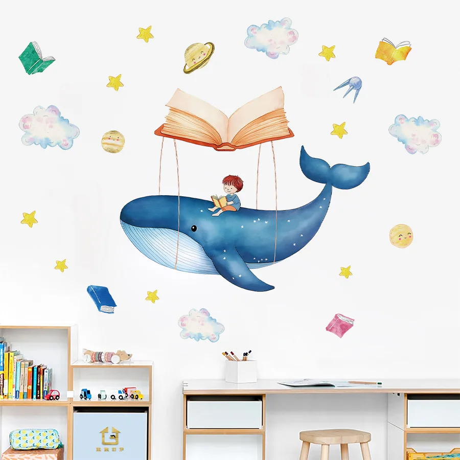 Whales Boys Books Wall Stickers For Children's Room Kids Bedroom Baby Room Decor Wallpaper Removable Poster Home Decoration