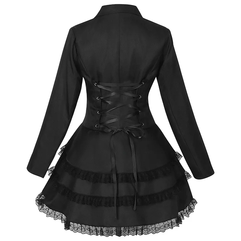 Women Lace Trim Lace-up High Low Coat Black Steampunk Victorian Style Gothic Jacket Medieval Noble Court Dress