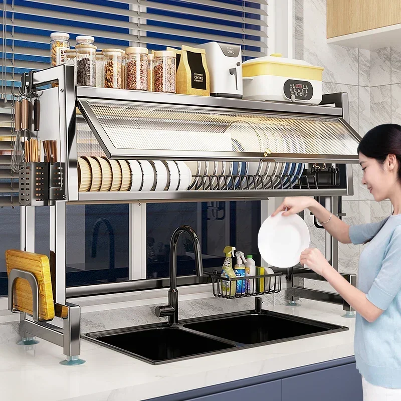 Stainless steel kitchen sink rack dustproof sink tableware storage rack dishwasher multi-function