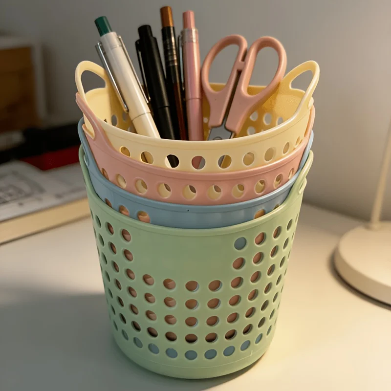 4Pcs Pastel Storage Basket, Mesh Plastic Desk Organizer Caddy for Stationery Cosmetics, Colorful Openwork Bin with Double Handle
