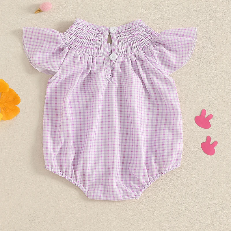 Mubineo Baby Girls Clothes Easter Purple Romper Bunny Embroidery Plaid Pattern Flying Sleeve Smocked Crew Neck Newborn Jumpsuit