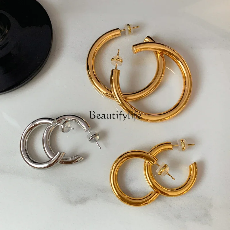 

Minimalist C-shaped plain ring earrings women's autumn and winter gold large circle temperament earrings