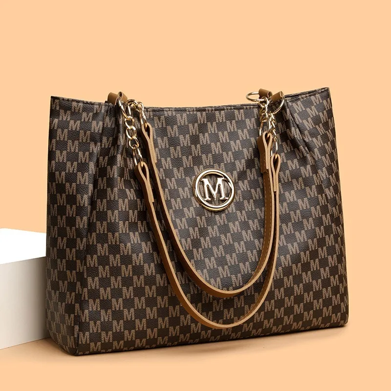 

Винтажная большая сумка с геометрическим рисунком из синтетической кожи с буквенным принтом «M» для женщин, сумка на плечо, большая вместительная дорожная сумка для покупок