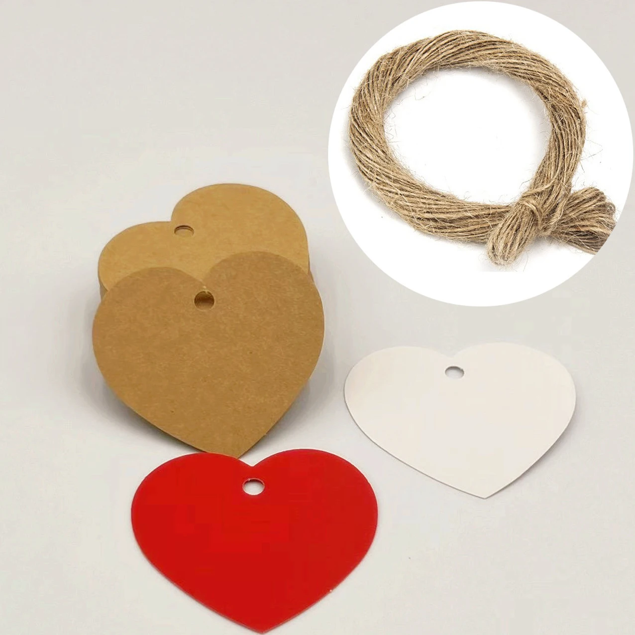 100 Uds etiquetas de papel en forma de corazón con cuerda de cáñamo de 20 metros etiqueta de precio de corazón rojo etiquetas colgantes artesanales etiqueta de amor etiqueta de tarjetas en blanco de papel