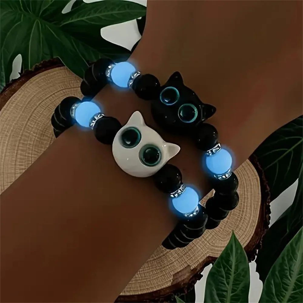 Fashion Beads Luminous Bracelets For Couples Cat Charm Bracelets String Rope For Women Men Christmas Halloween Jewelry Gift