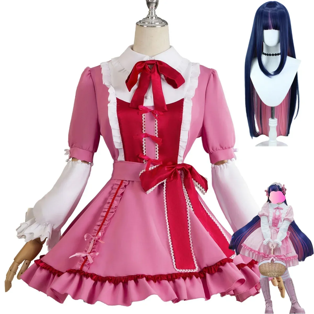 Calcinha e meia anime com cinturão de garanhão, fantasia Lolita Cosplay, peruca rosa, vestido Lolita, terno sexy de Halloween Kawaii para mulheres