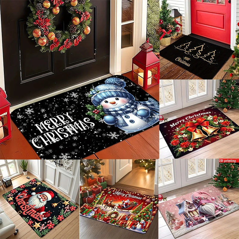 Merry Christmas Entrance Doormat Santa Sleigh Reindeer Snowman Gift Boxes Xmas Tree Graphic Rug Holiday Entry Decor Mat