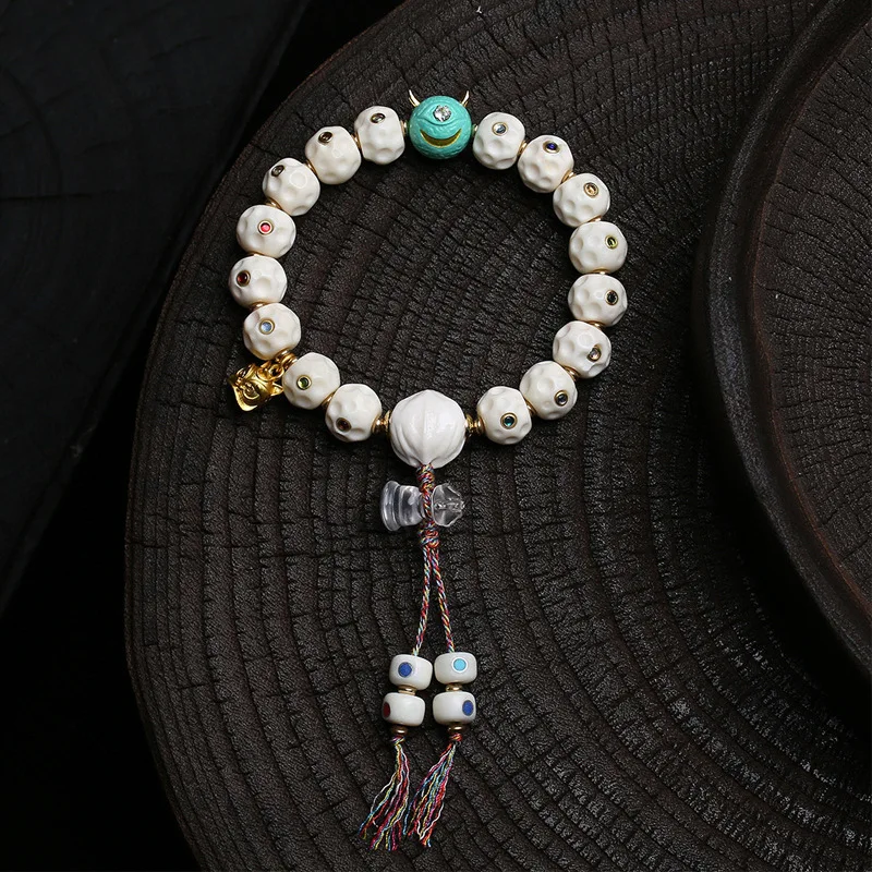 Natural Antler Carved Inlay Bracelet Single-Strand Camel Bone Gourd Root Tassel Unicorn-Style White Crystal Accessory