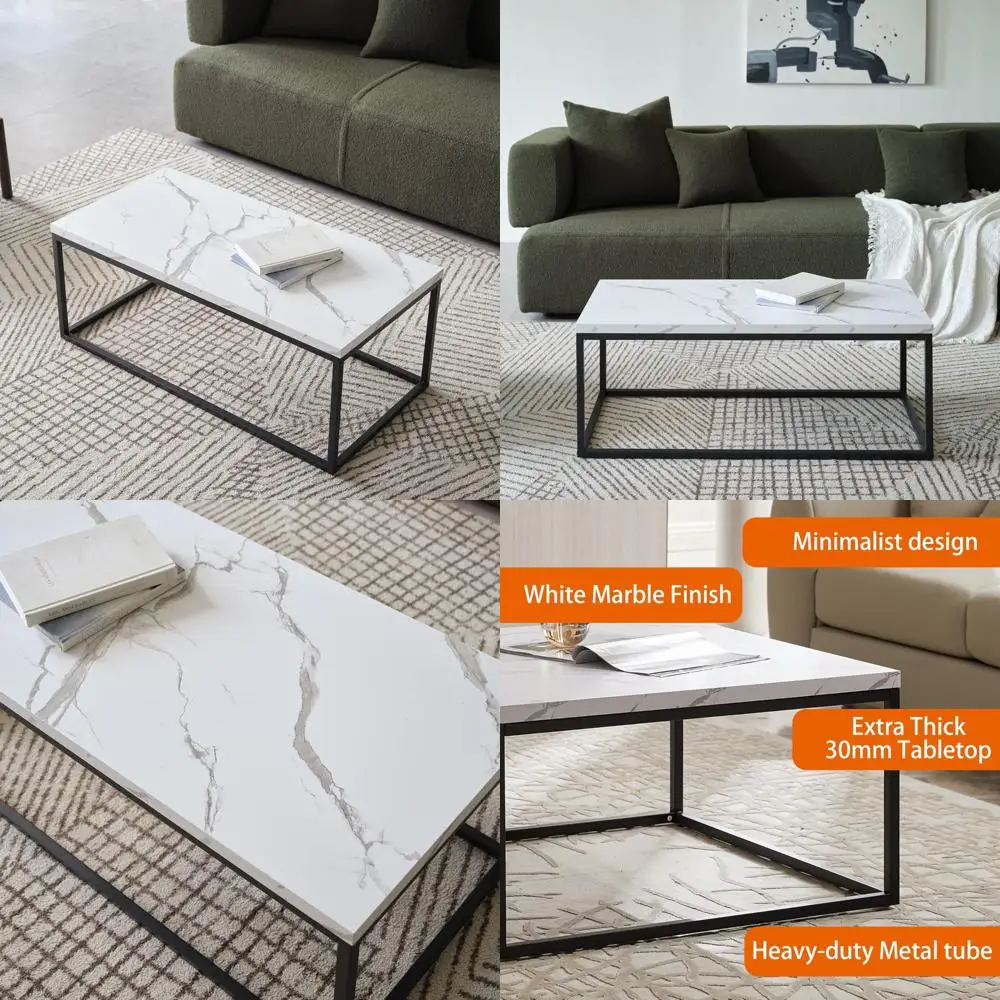 

40-Inch Marble-Top Rectangle Coffee Table Ottoman, Mid-Century Modern Industrial Style, Thick and Durable for Living Room